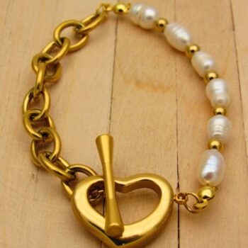 PULSERA PERLAS BROCHE CORAZON ACERO