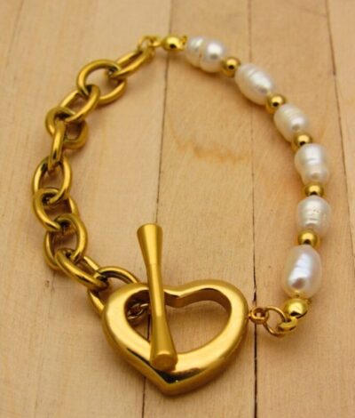 PULSERA PERLAS BROCHE CORAZON ACERO